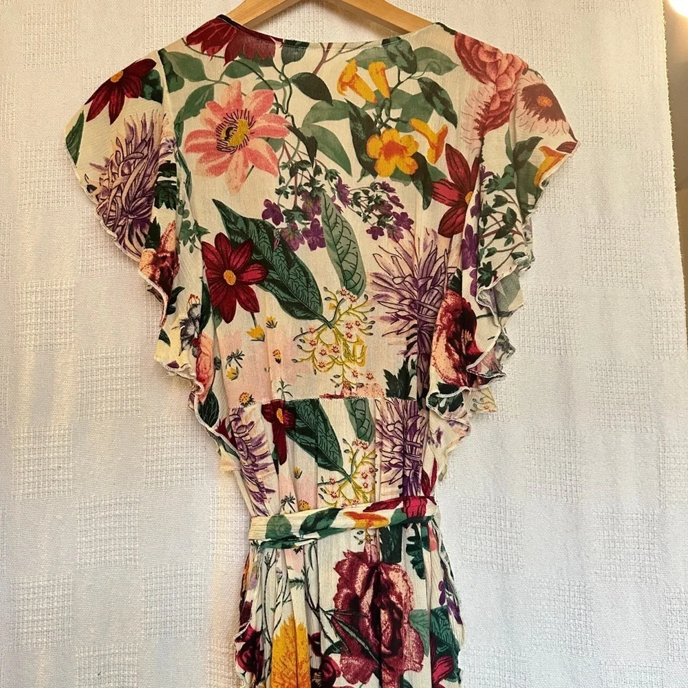 Free People Multicolored Floral Midi Dress with Flutter Sleeves